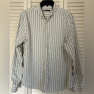 Koton Men's Gray and White Striped Casual slim long sleeve button up Shirt (M)